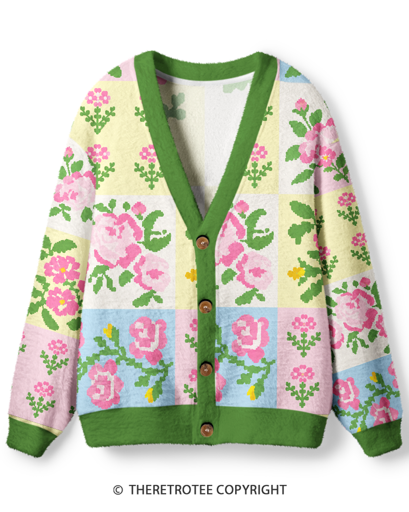 TheRetroTee Vintage 1970s Pastel Garden Patchwork Unisex Cardigan Sweater