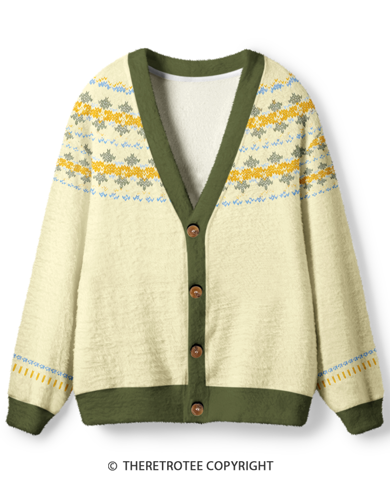 TheRetroTee Vintage 1970s Cream Meadow Fair Isle Unisex Cardigan Sweater