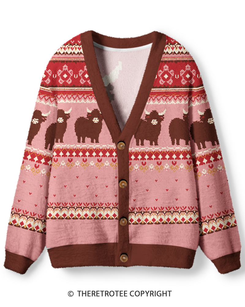 TheRetroTee Vintage 1980s Blush Highland Cow Fair Isle Unisex Cardigan Sweater