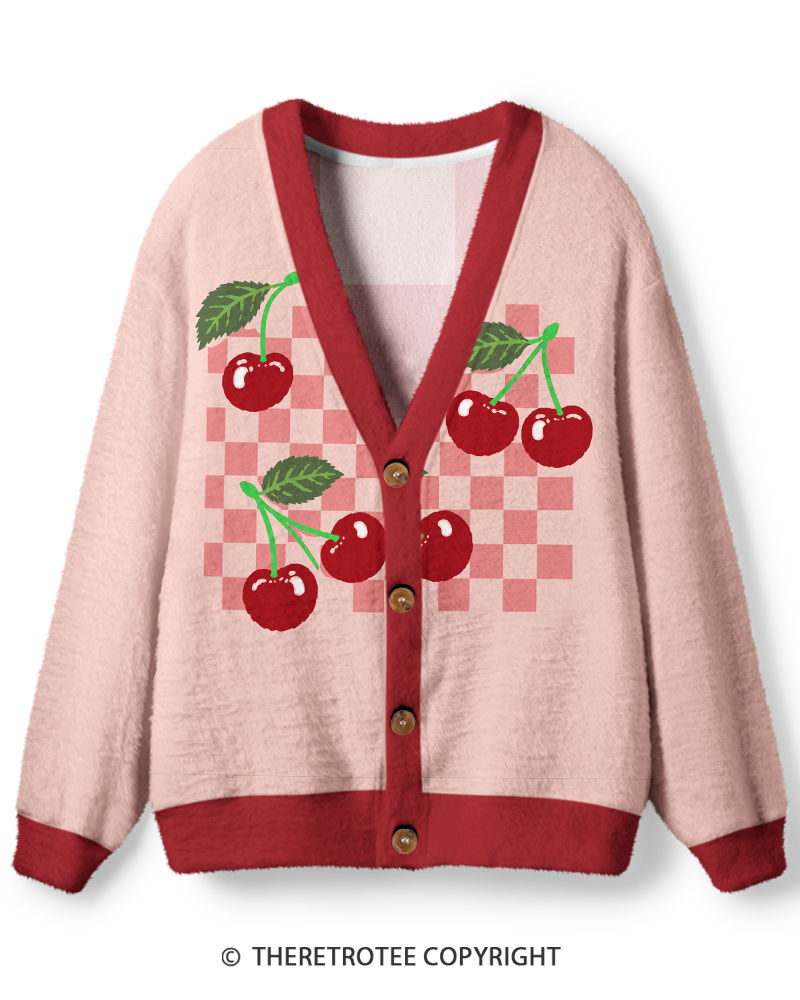 TheRetroTee Vintage 1970s Blush Cherry Picnic Unisex Cardigan Sweater