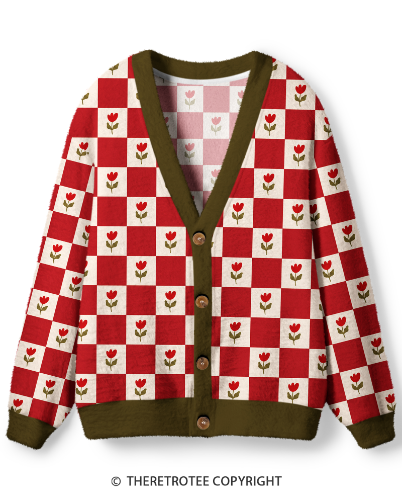 TheRetroTee Vintage 1970s Red Tulip Checkerboard Unisex Cardigan Sweater