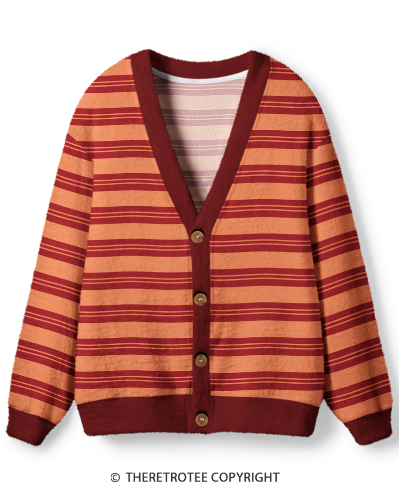 TheRetroTee Vintage 1970s Sunset Rust Stripe Unisex Cardigan Sweater