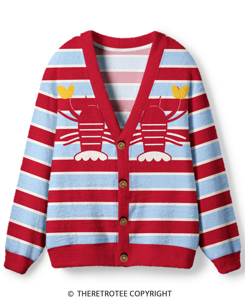 TheRetroTee Vintage 1980s Coastal Lobster Stripe Unisex Cardigan Sweater