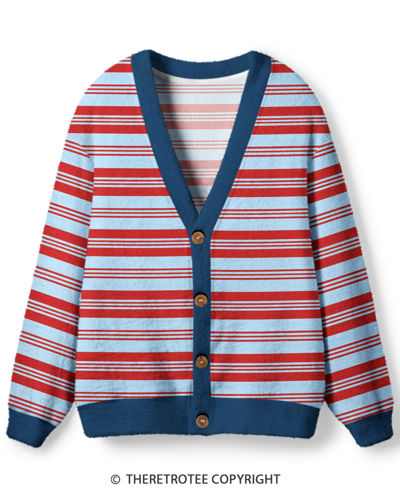 TheRetroTee Vintage 1970s Sky Blue Red Stripe Unisex Cardigan Sweater