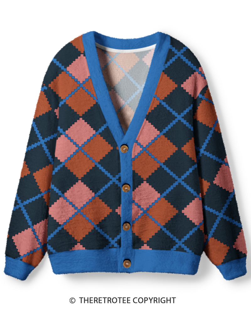 TheRetroTee Vintage 1970s Dusty Harbor Argyle Unisex Cardigan Sweater