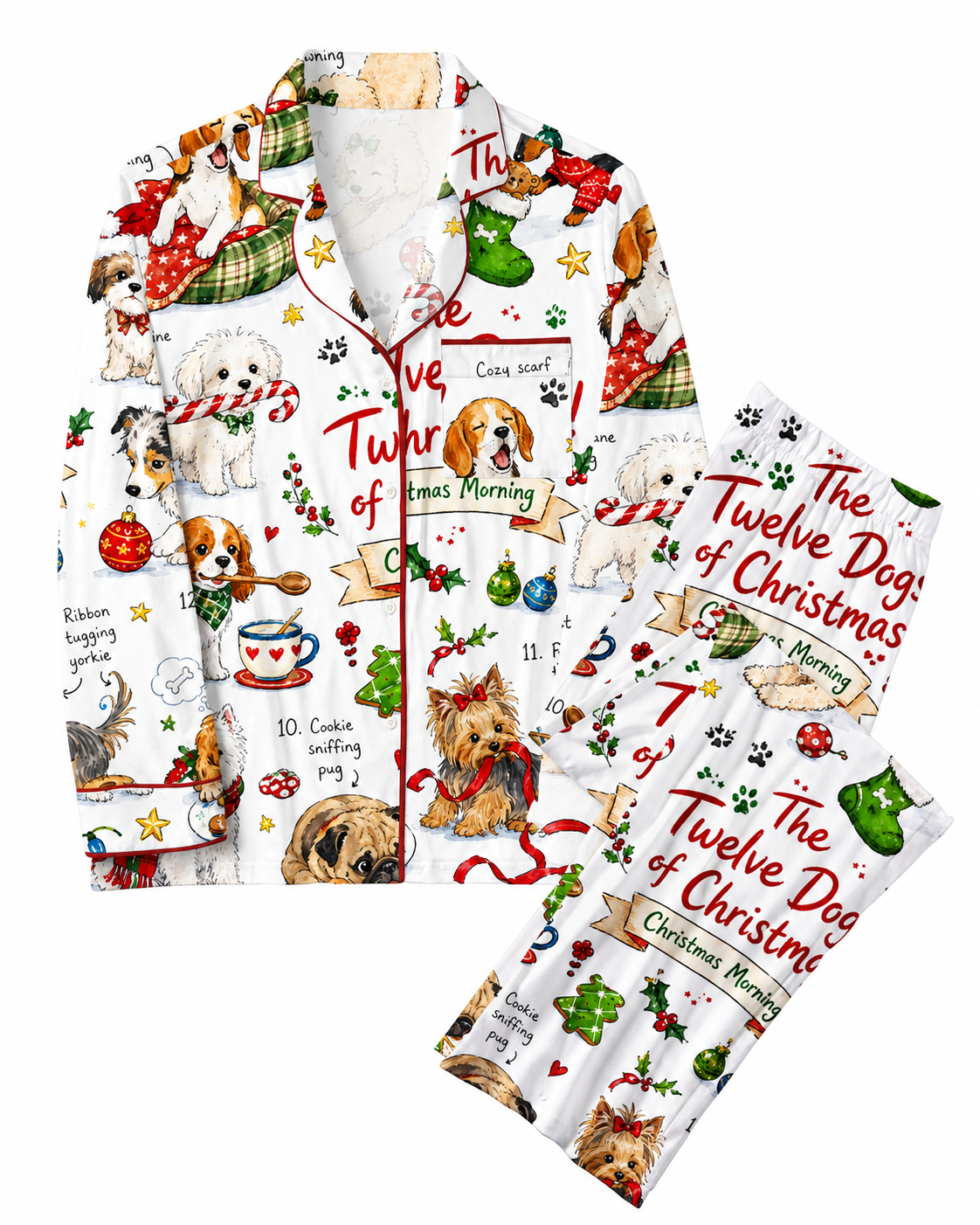 TheRetroTee Twelve Dogs of Christmas Vintage set Pajama Se