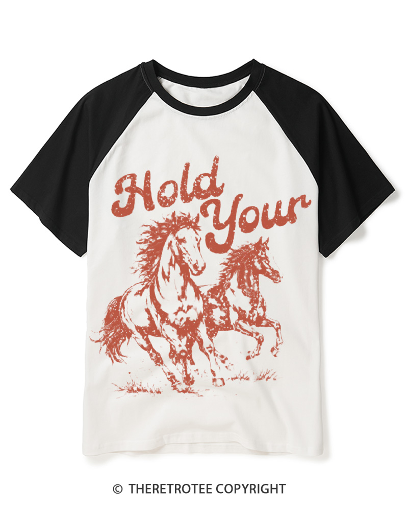 TheRetroTee Hold Your Horses 1980s Raglan Baseball T-Shirt