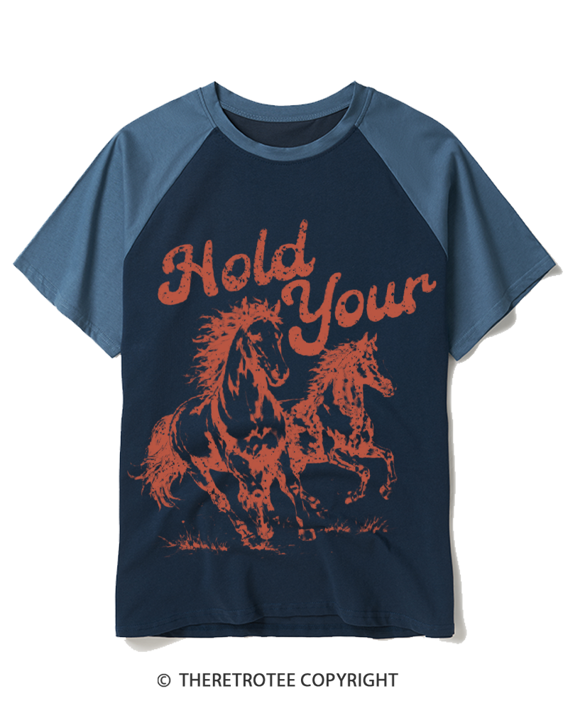 TheRetroTee Hold Your Horses 1980s Raglan Baseball T-Shirt