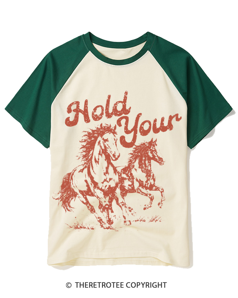 TheRetroTee Hold Your Horses 1980s Raglan Baseball T-Shirt