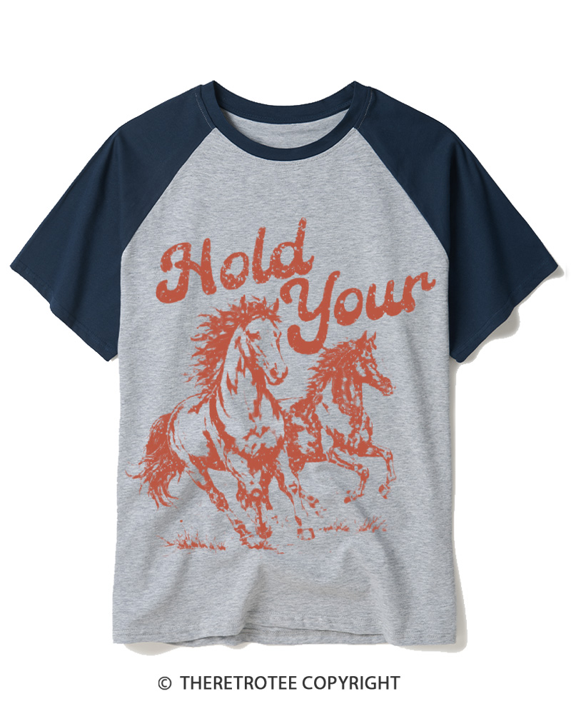 TheRetroTee Hold Your Horses 1980s Raglan Baseball T-Shirt