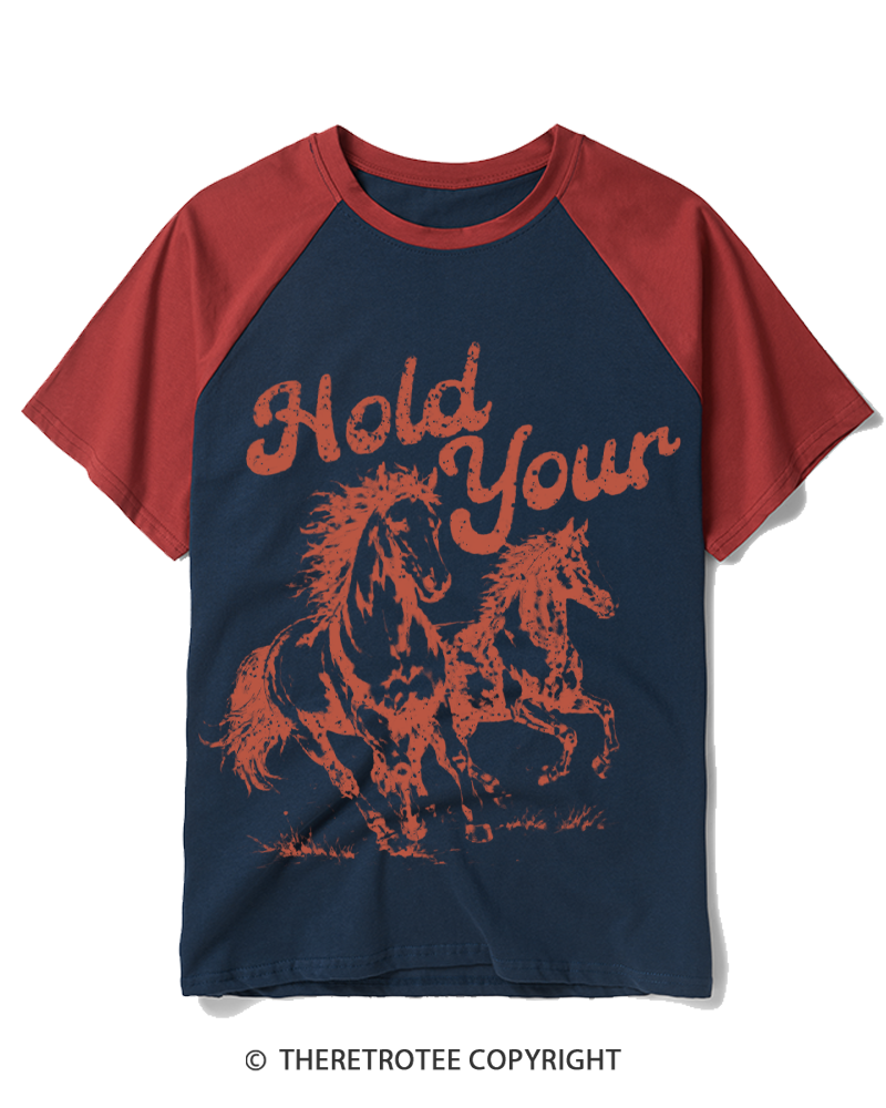 TheRetroTee Hold Your Horses 1980s Raglan Baseball T-Shirt