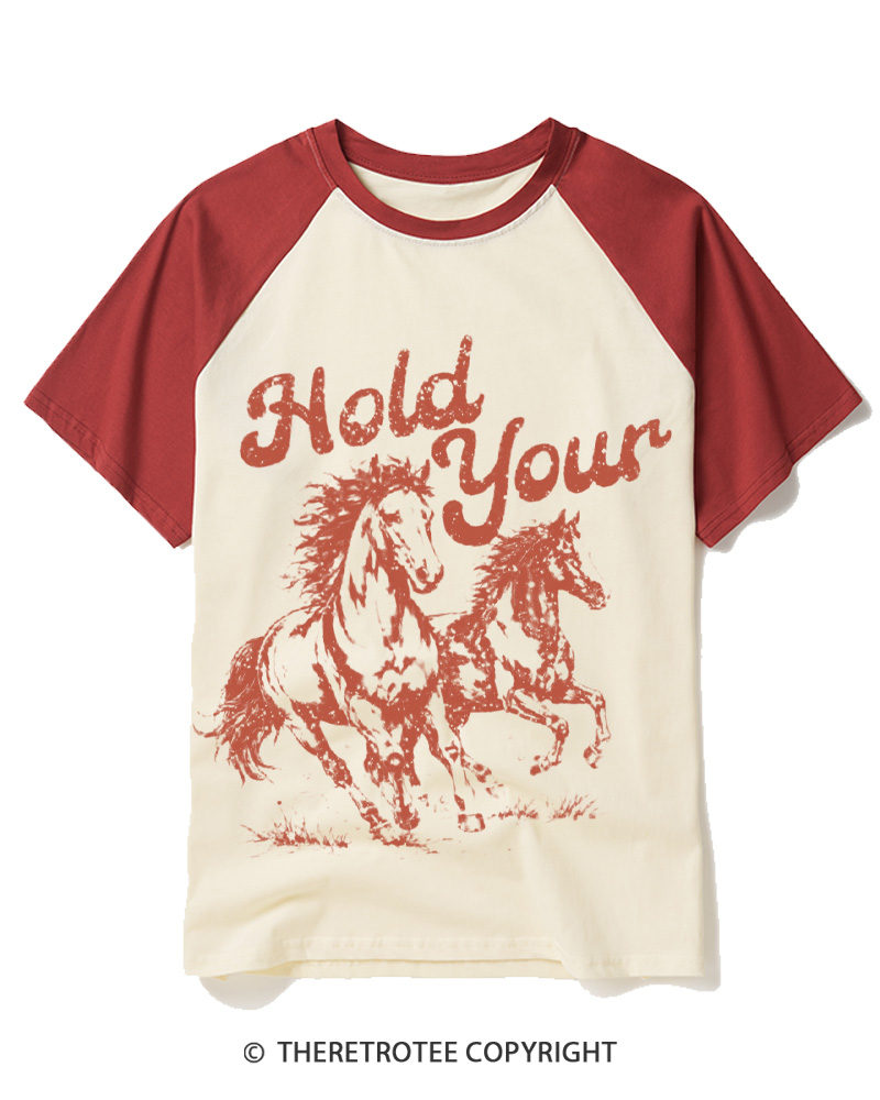 TheRetroTee Hold Your Horses 1980s Raglan Baseball T-Shirt