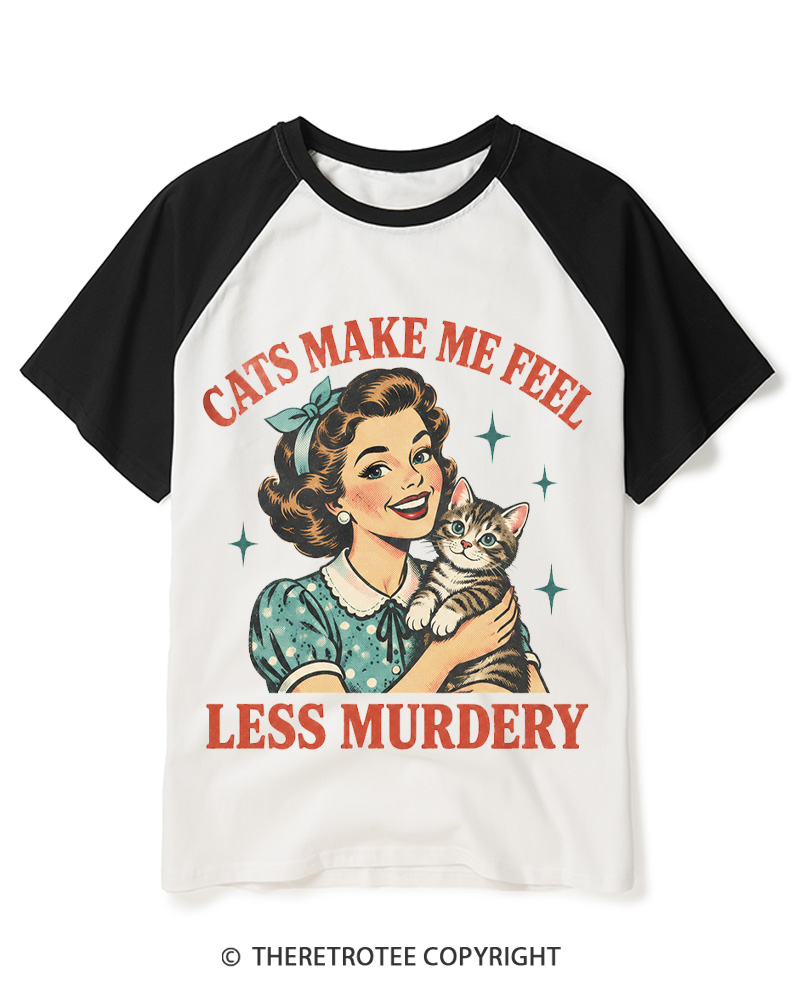 TheRetroTee Cats Make Me Feel Less Murdery 1950s Raglan Baseball T-Shirt