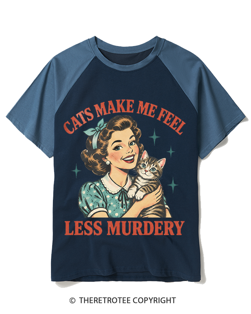 TheRetroTee Cats Make Me Feel Less Murdery 1950s Raglan Baseball T-Shirt