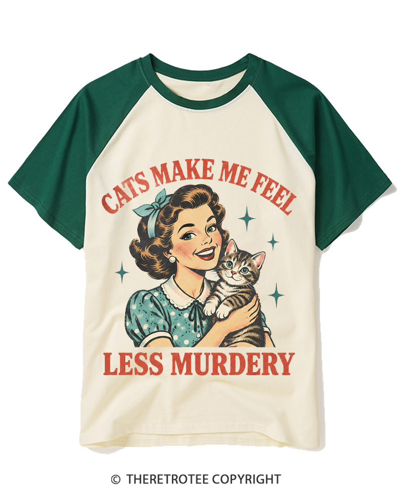 TheRetroTee Cats Make Me Feel Less Murdery 1950s Raglan Baseball T-Shirt
