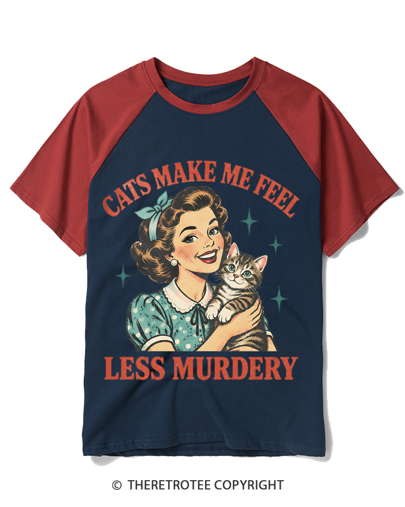 TheRetroTee Cats Make Me Feel Less Murdery 1950s Raglan Baseball T-Shirt