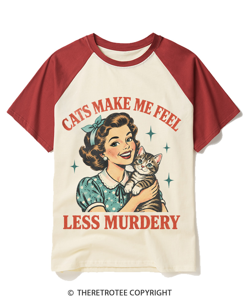 TheRetroTee Cats Make Me Feel Less Murdery 1950s Raglan Baseball T-Shirt