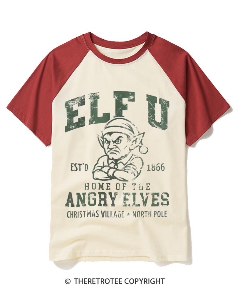 TheRetroTee Elf U F-Bomb Pun Vintage Raglan Baseball T-Shirt