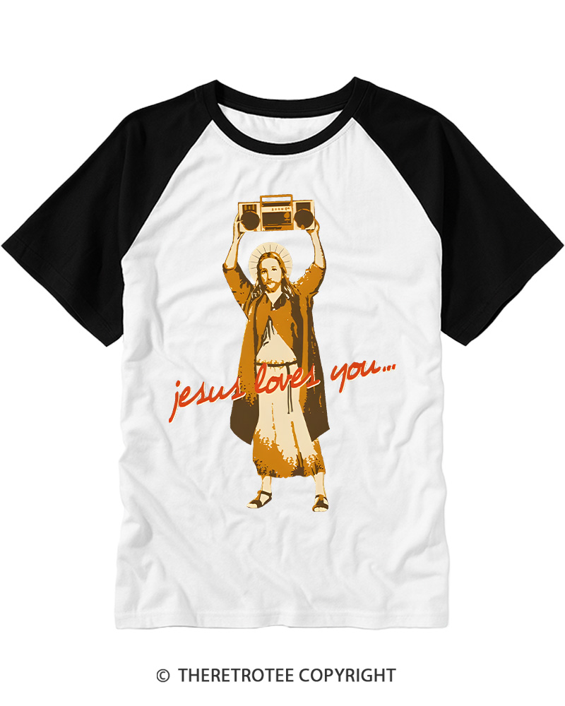 TheRetroTee Jesus Loves You Vintage Graphic Raglan Baseball T-Shirt