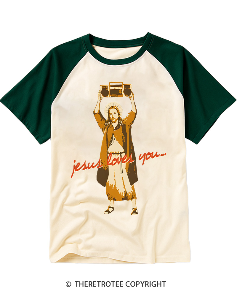 TheRetroTee Jesus Loves You Vintage Graphic Raglan Baseball T-Shirt