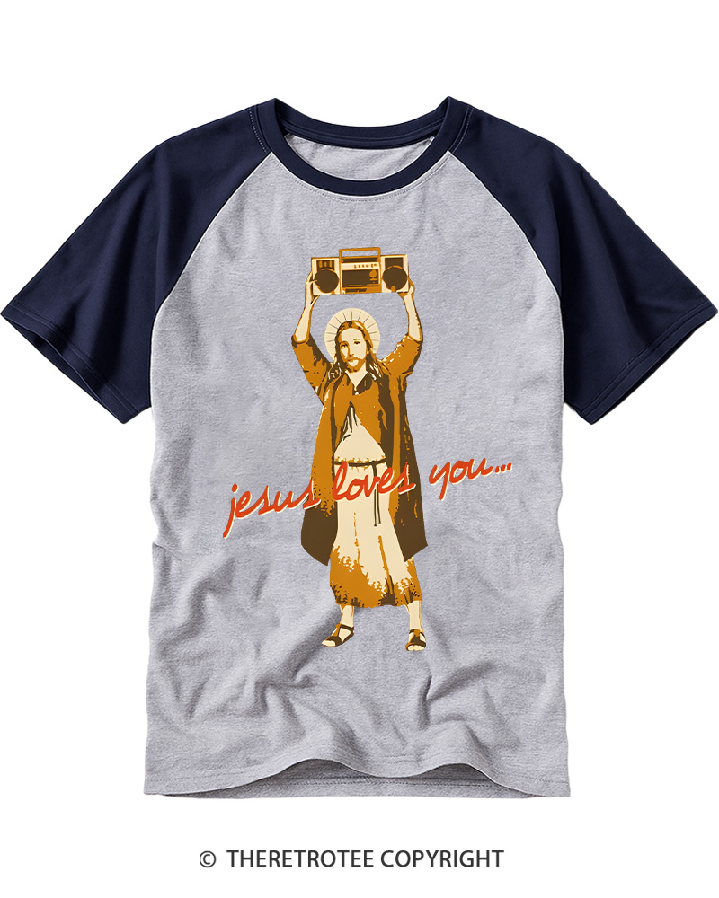 TheRetroTee Jesus Loves You Vintage Graphic Raglan Baseball T-Shirt
