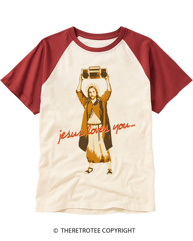TheRetroTee Jesus Loves You Vintage Graphic Raglan Baseball T-Shirt