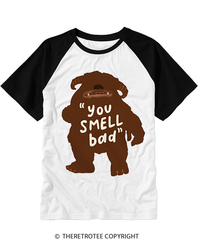 TheRetroTee You Smell Bad 1980s Vintage Graphic Raglan Baseball T-Shirt