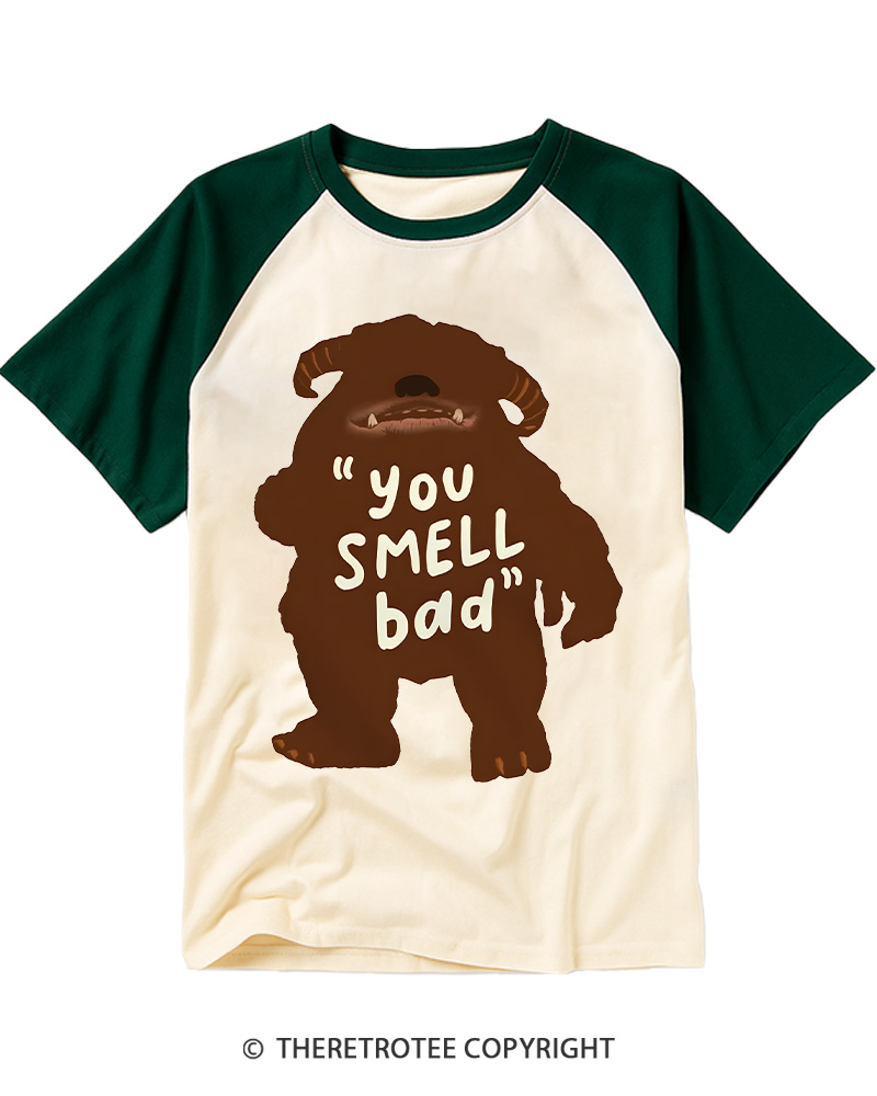TheRetroTee You Smell Bad 1980s Vintage Graphic Raglan Baseball T-Shirt