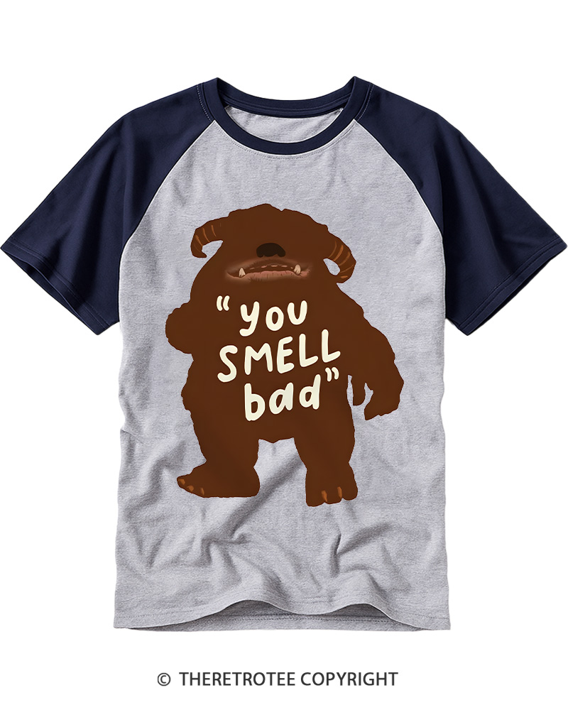TheRetroTee You Smell Bad 1980s Vintage Graphic Raglan Baseball T-Shirt
