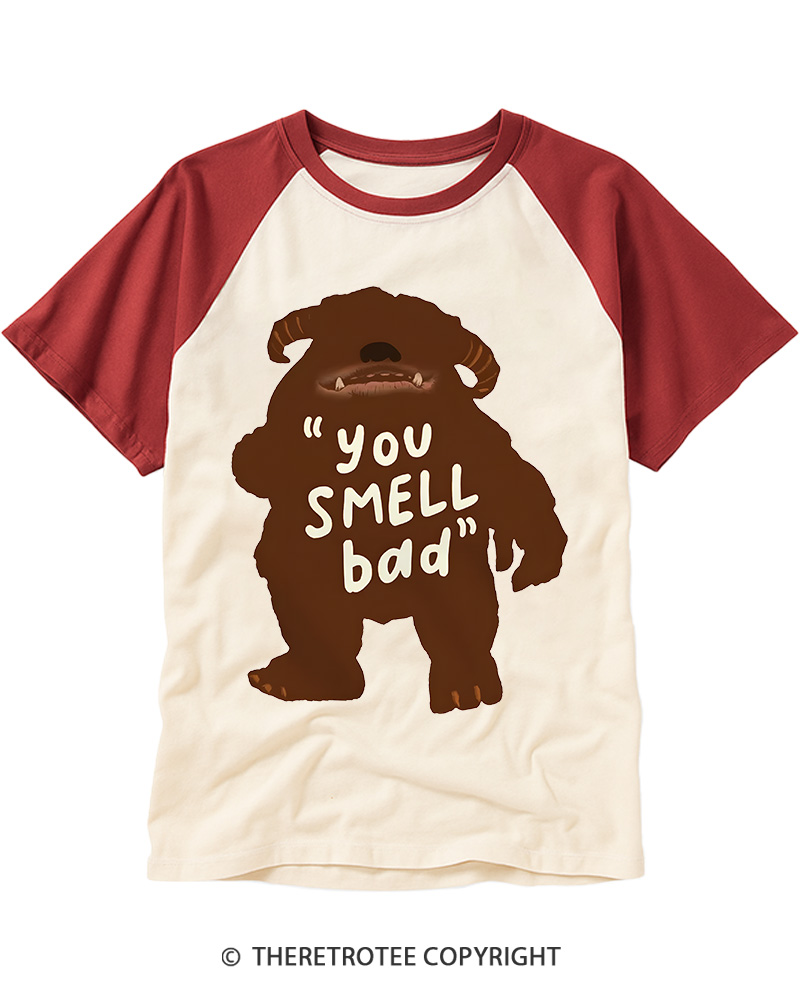 TheRetroTee You Smell Bad 1980s Vintage Graphic Raglan Baseball T-Shirt