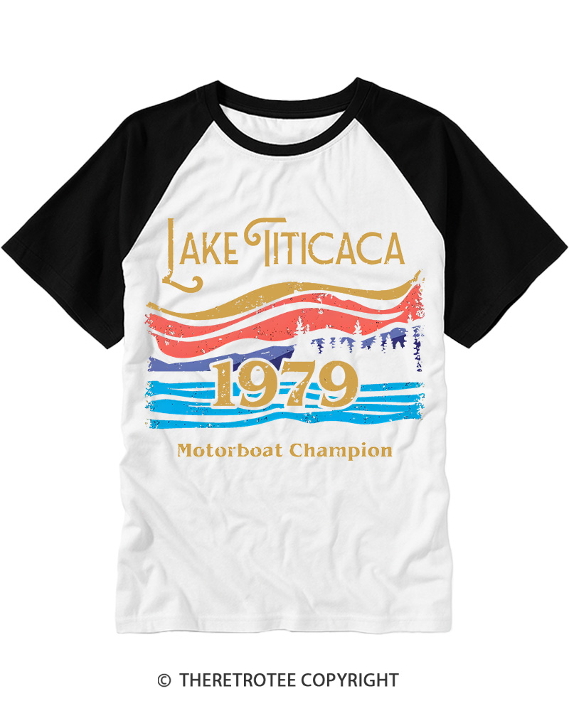 TheRetroTee 1979 Lake Titicaca Motorboat Champion Graphic Raglan Baseball T-Shirt