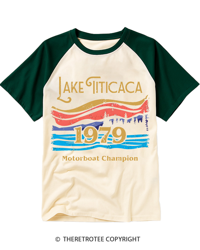 TheRetroTee 1979 Lake Titicaca Motorboat Champion Graphic Raglan Baseball T-Shirt
