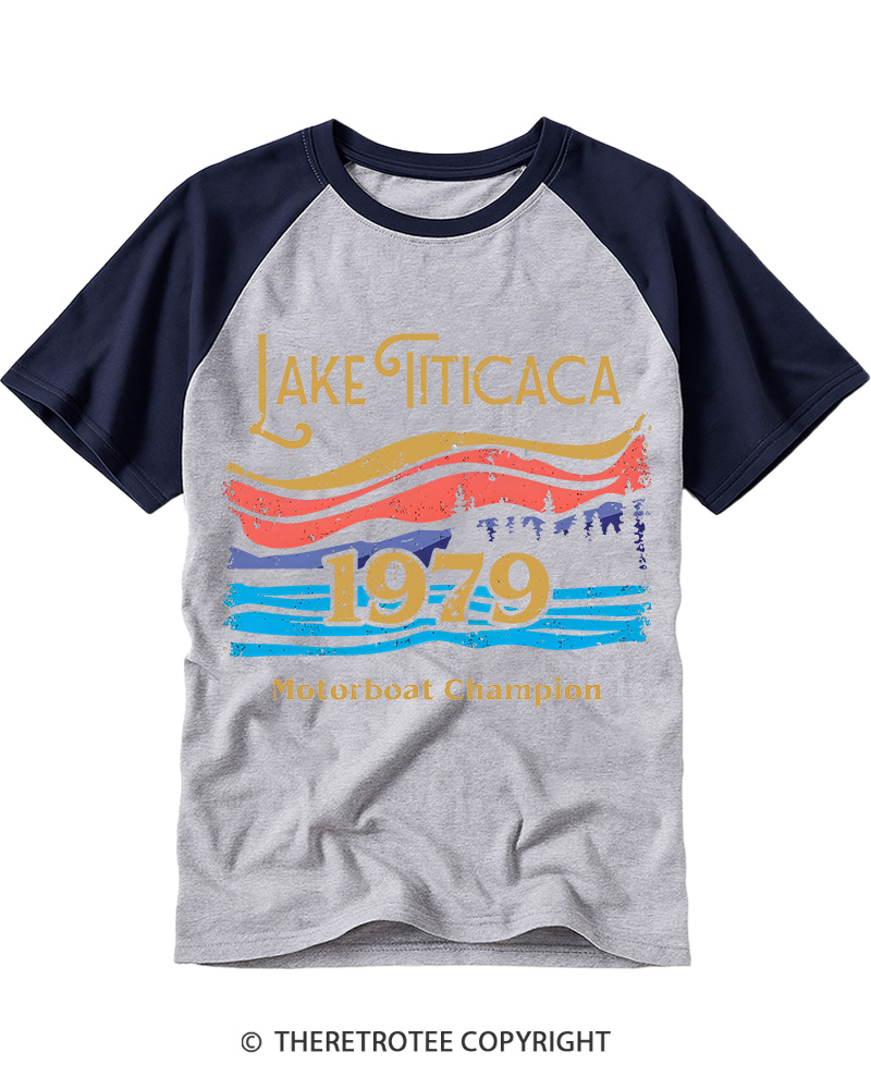 TheRetroTee 1979 Lake Titicaca Motorboat Champion Graphic Raglan Baseball T-Shirt