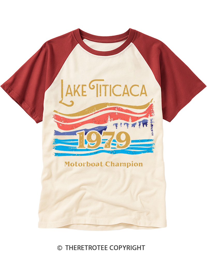 TheRetroTee 1979 Lake Titicaca Motorboat Champion Graphic Raglan Baseball T-Shirt