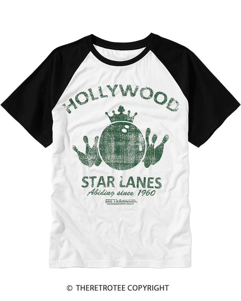 TheRetroTee Hollywood Star Lanes Vintage Graphic Raglan Baseball T-Shirt