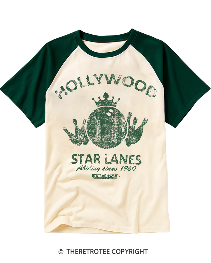TheRetroTee Hollywood Star Lanes Vintage Graphic Raglan Baseball T-Shirt