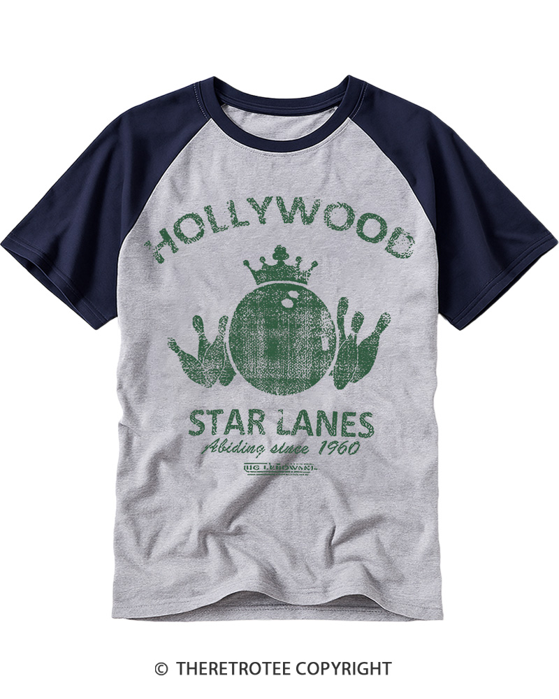 TheRetroTee Hollywood Star Lanes Vintage Graphic Raglan Baseball T-Shirt