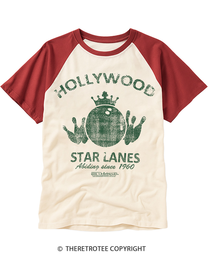 TheRetroTee Hollywood Star Lanes Vintage Graphic Raglan Baseball T-Shirt