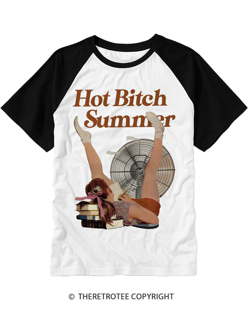 TheRetroTee Hot Bitch Summer Vintage Graphic Raglan Baseball T-Shirt