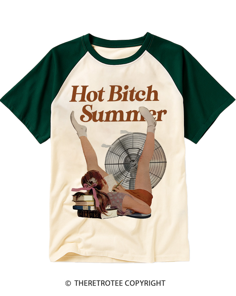 TheRetroTee Hot Bitch Summer Vintage Graphic Raglan Baseball T-Shirt