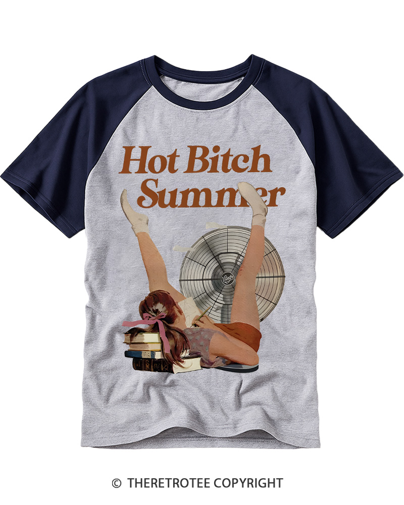 TheRetroTee Hot Bitch Summer Vintage Graphic Raglan Baseball T-Shirt