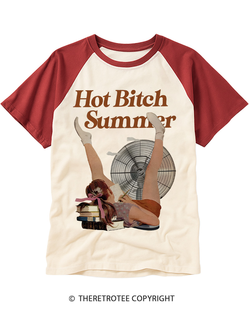 TheRetroTee Hot Bitch Summer Vintage Graphic Raglan Baseball T-Shirt