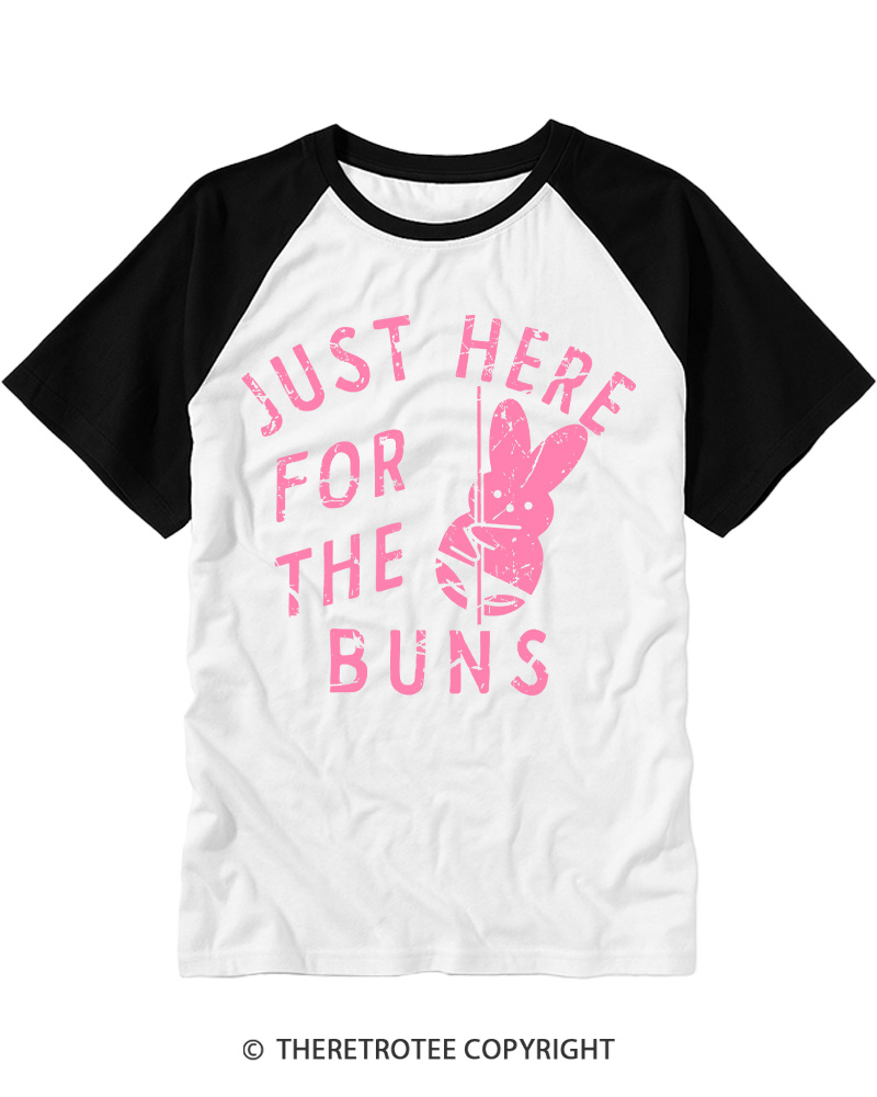 TheRetroTee Just Here for the Buns Vintage Graphic Raglan Baseball T-Shirt