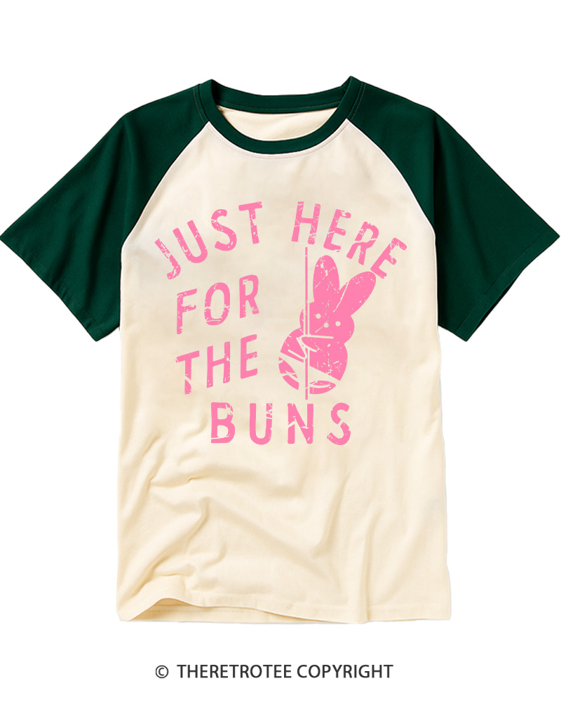 TheRetroTee Just Here for the Buns Vintage Graphic Raglan Baseball T-Shirt