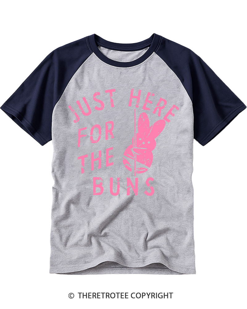 TheRetroTee Just Here for the Buns Vintage Graphic Raglan Baseball T-Shirt