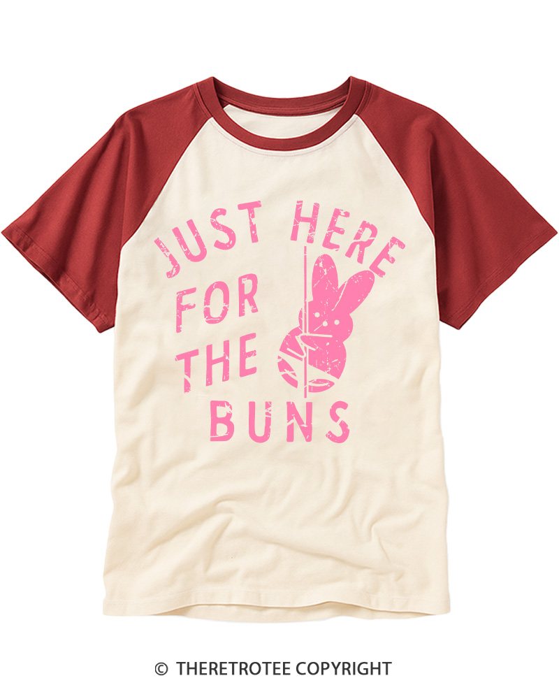 TheRetroTee Just Here for the Buns Vintage Graphic Raglan Baseball T-Shirt