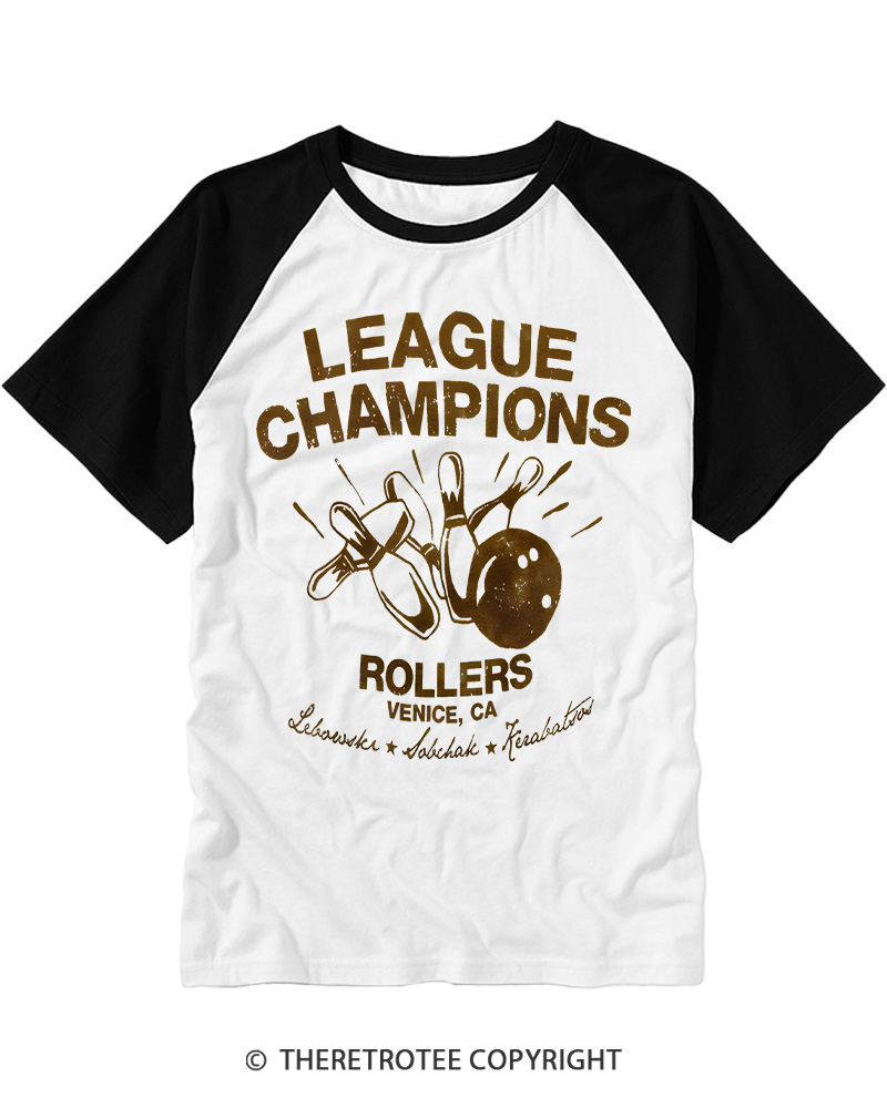 TheRetroTee League Champions Rollers Vintage Graphic Raglan Baseball T-Shirt