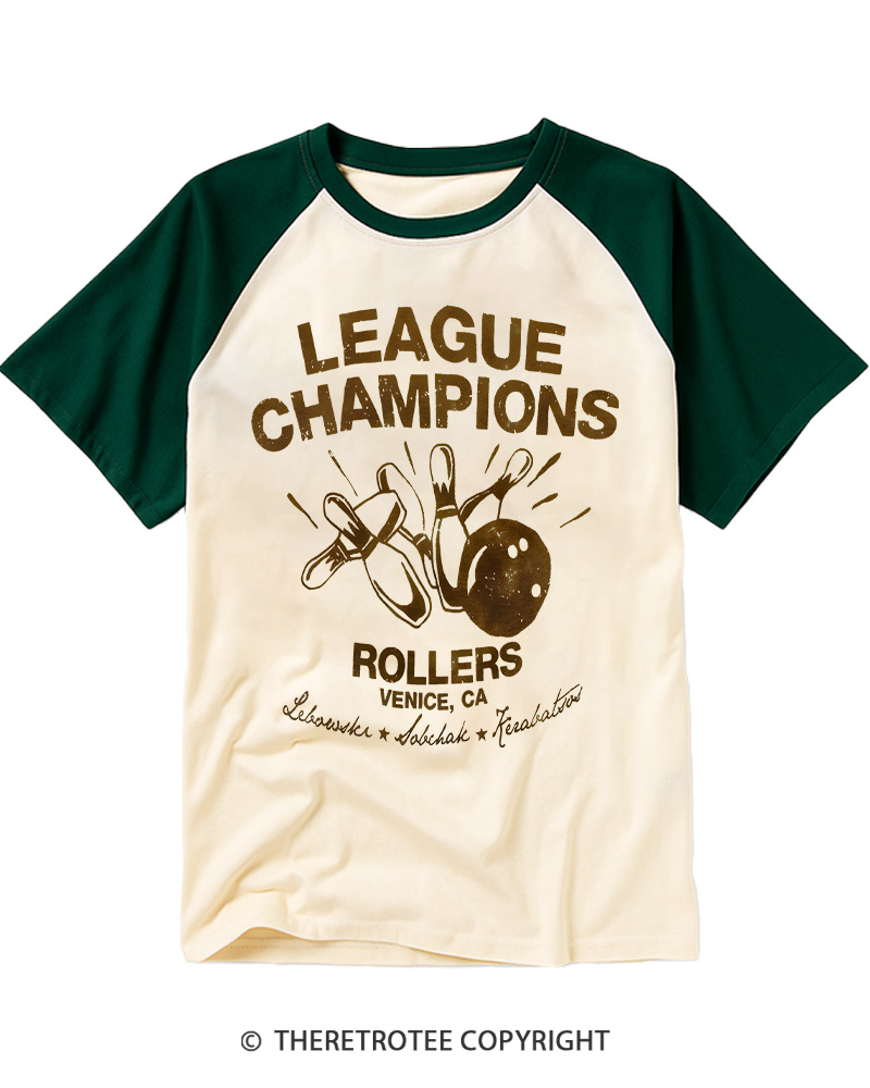 TheRetroTee League Champions Rollers Vintage Graphic Raglan Baseball T-Shirt