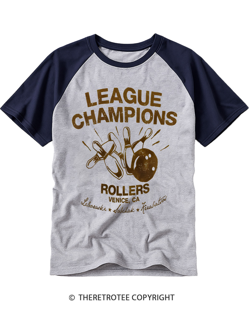 TheRetroTee League Champions Rollers Vintage Graphic Raglan Baseball T-Shirt