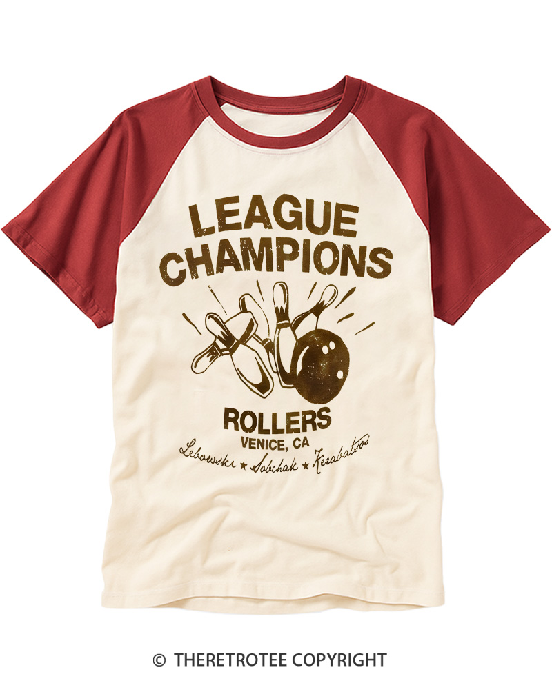 TheRetroTee League Champions Rollers Vintage Graphic Raglan Baseball T-Shirt